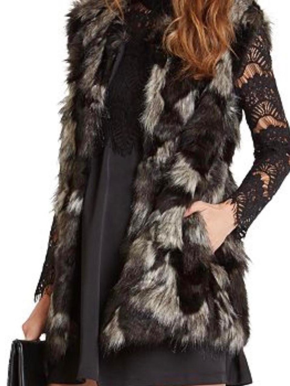 BCBGeneration Black Faux Fur Coat with Gray Fur Trim